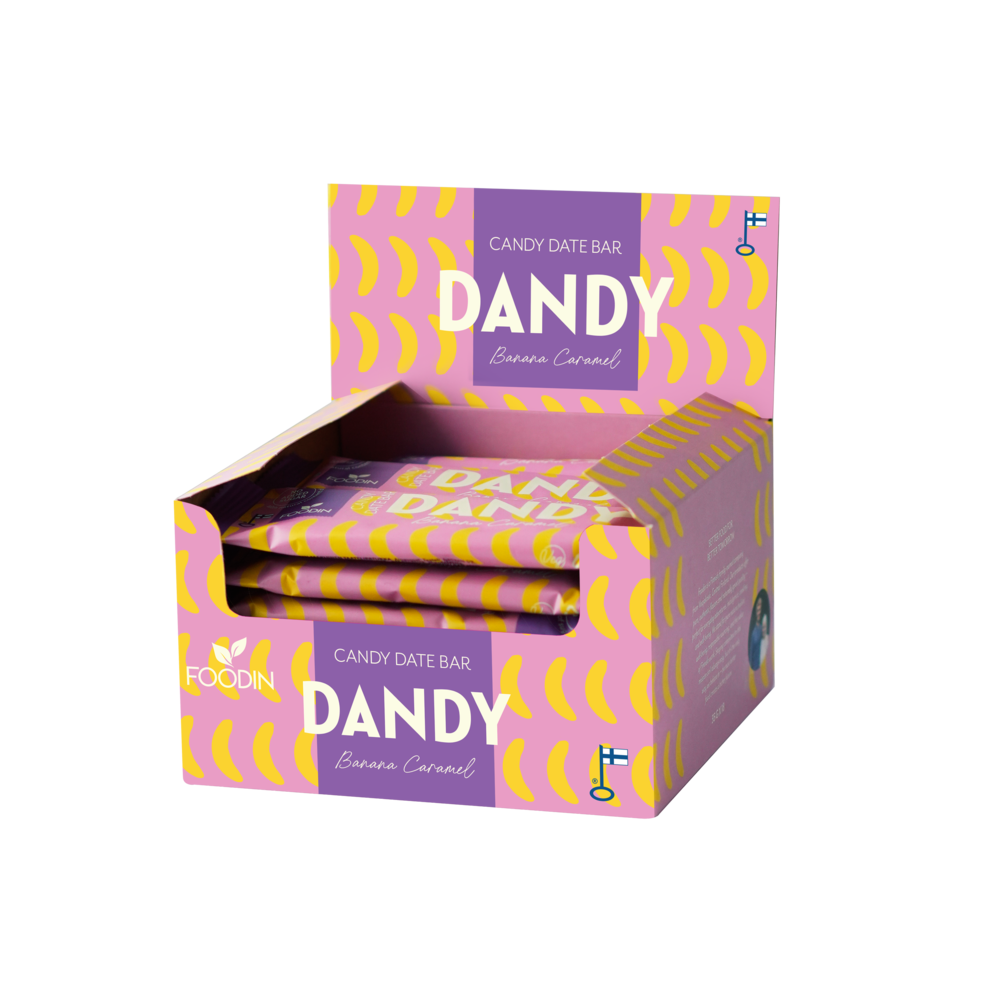 Foodin Dandy Candy Date Bar Banana Caramel - Karkkitaatelipatukka Banaani ja Karamelli 18 x 35 g TUKKUPAKKAUS