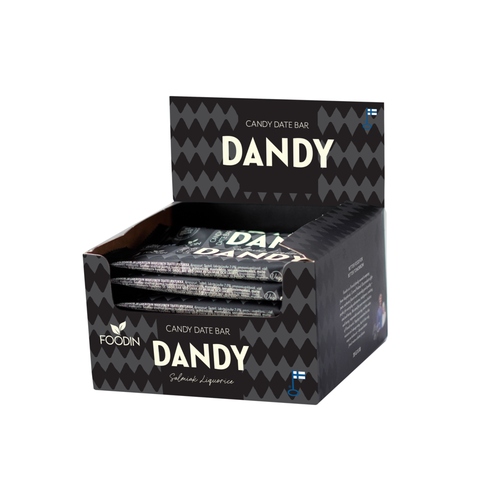 Foodin Dandy Candy Date Bar Salmiak Liquorice - Karkkitaatelipatukka 18 x 35 g TUKKUPAKKAUS - Päiväys 03/2026