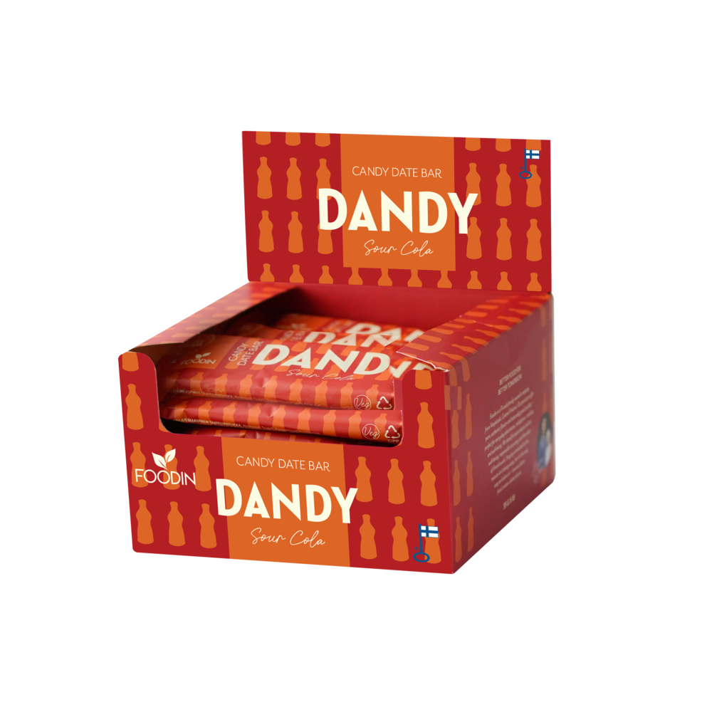 Foodin Dandy Candy Date Bar Sour Kola - Karkkitaatelipatukka Kirpeä Kola 18 x 35 g TUKKUPAKKAUS
