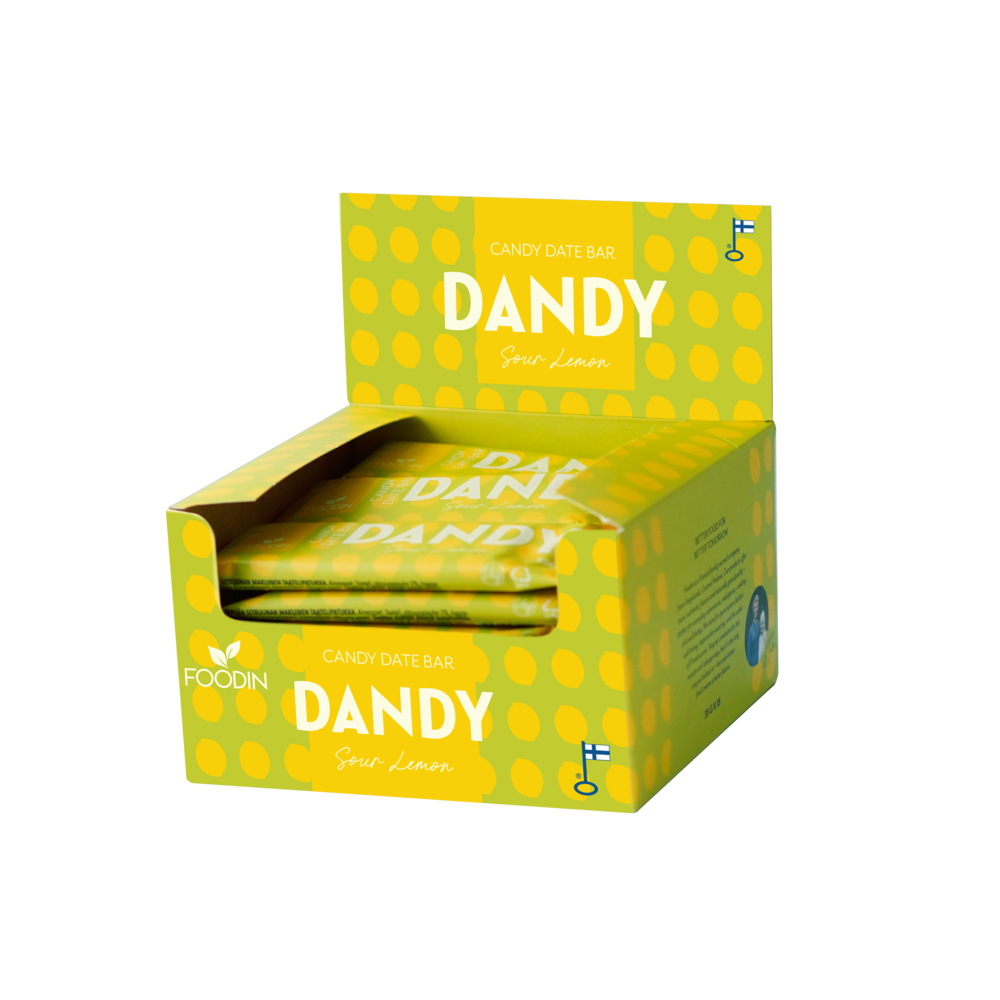 Foodin Dandy Candy Date Bar Sour Lemon - Karkkitaatelipatukka Kirpeä Sitruuna 18 x 35 g TUKKUPAKKAUS