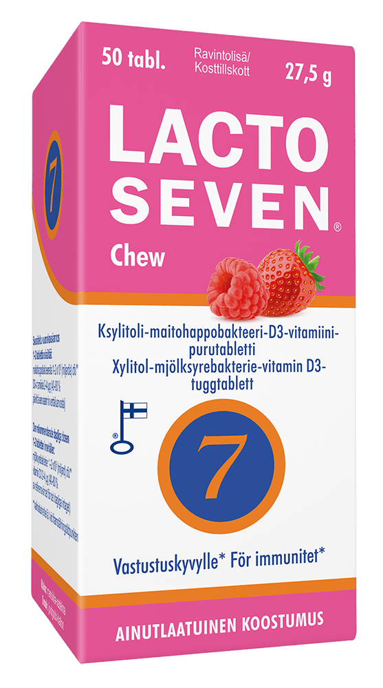 Lacto Seven Chew - ksylitoli-maitohappobakteeri-D3-vitamiini purutabletti 50 tabl. - Sinunapteekki.fi