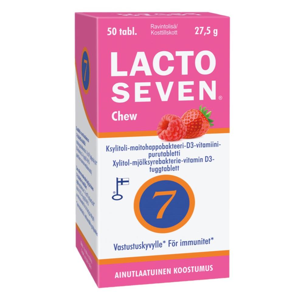 Lacto Seven Chew - ksylitoli-maitohappobakteeri-D3-vitamiini purutabletti 50 tabl.