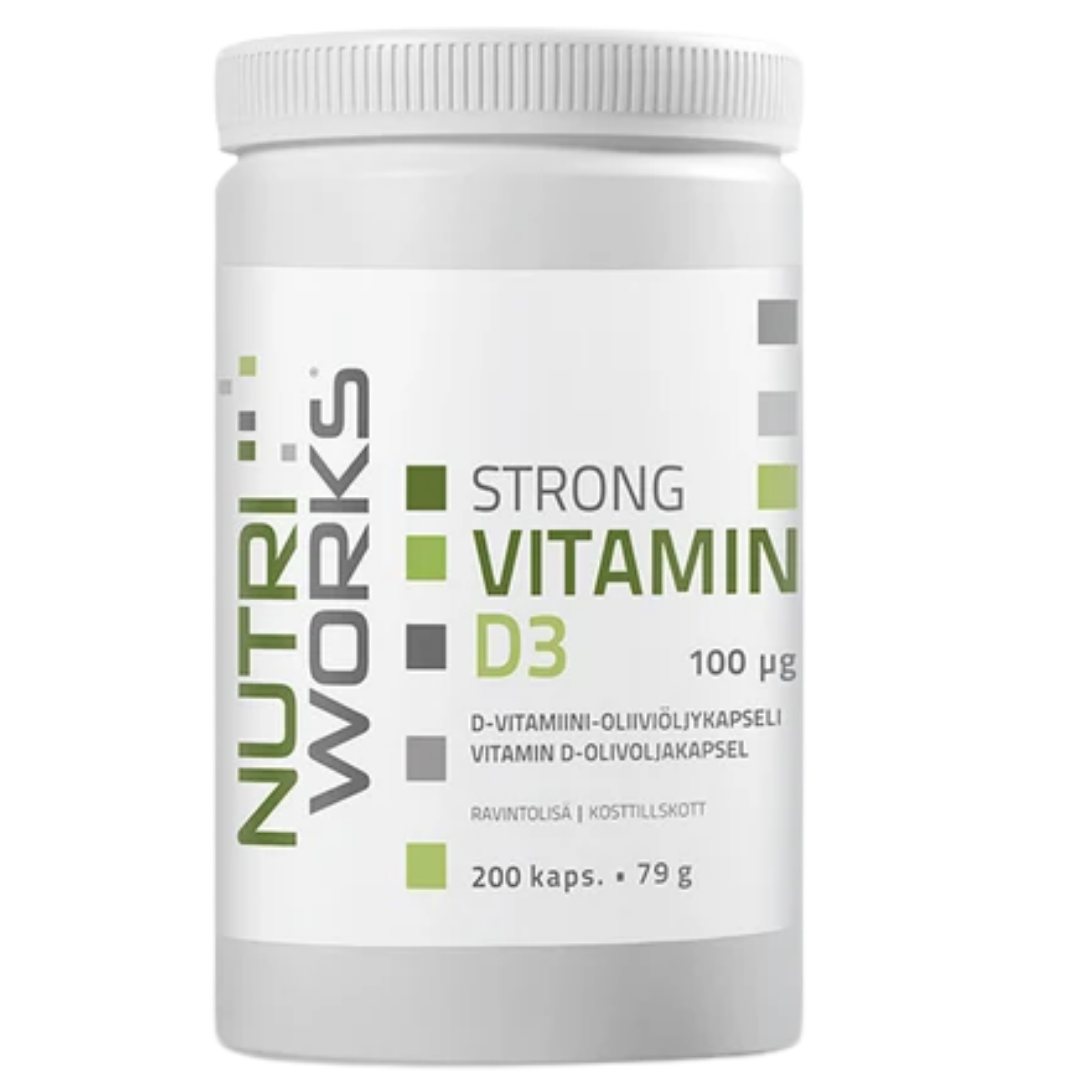 Nutri Works Strong Vitamin D3 100 µg - Vahva D3-vitamiini-oliiviöljykapseli 200 kaps.