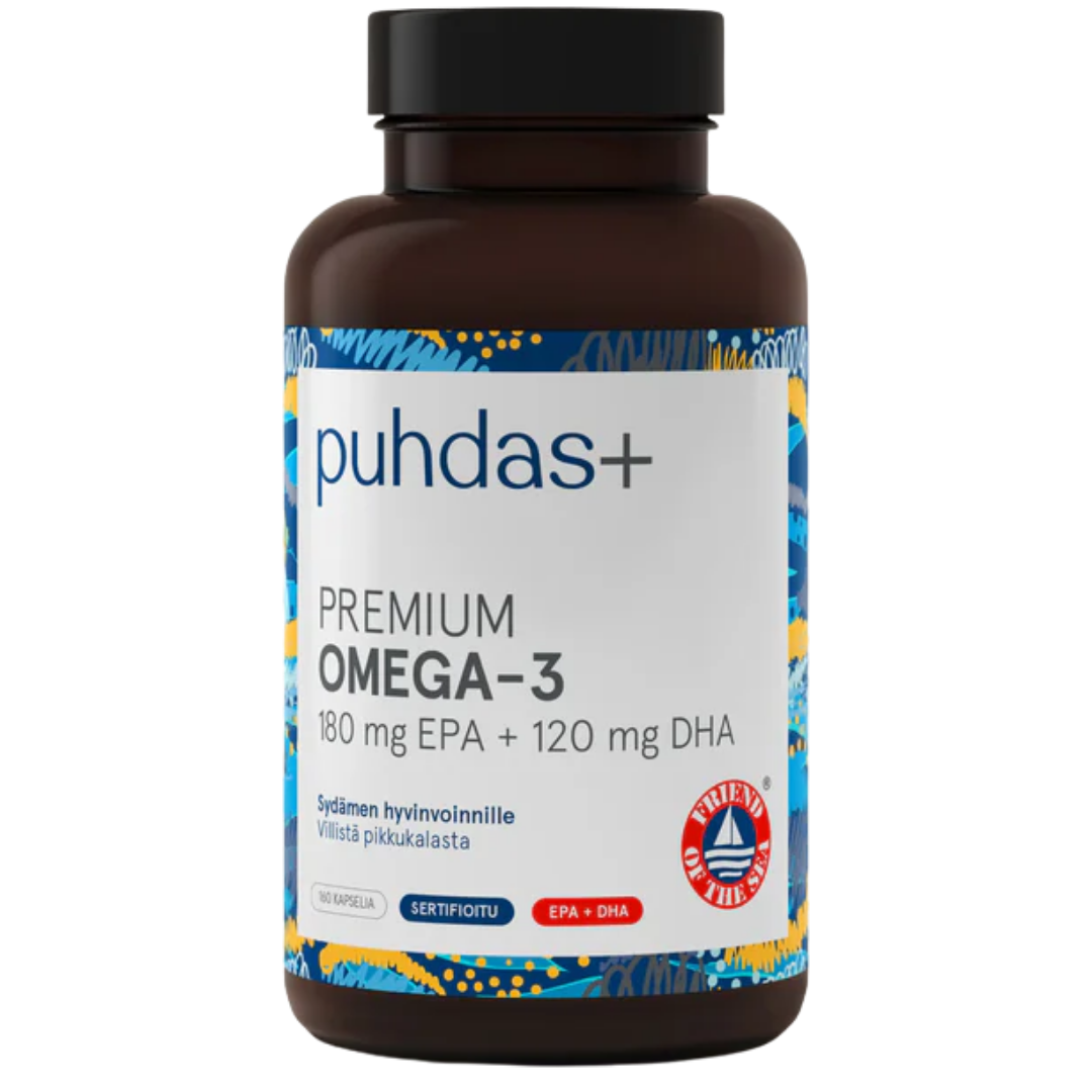 Puhdas+, Premium Omega-3, 180 mg, EPA + 120 mg DHA, 160 kaps.