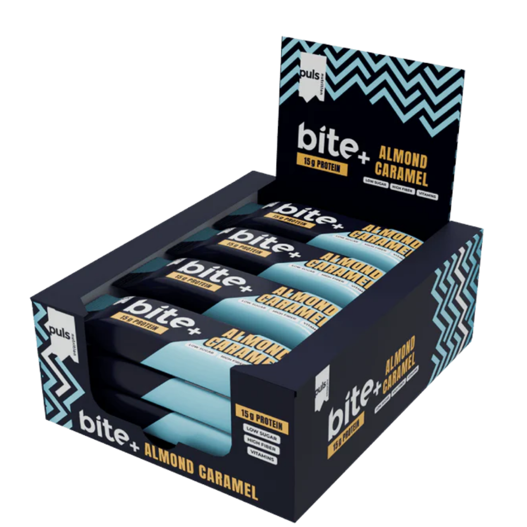 Puls Nutrition Bite+ Proteiinipatukka Almond Caramel, Proteiinipatukka Manteli Karamelli, 12 x 50 g, TUKKUPAKKAUS