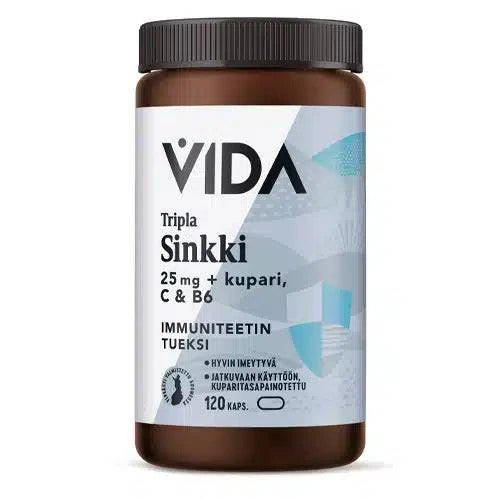 Vida Tripla Sinkki 25 mg + Kupari, C & B6 120 kaps - Sinunapteekki.fi