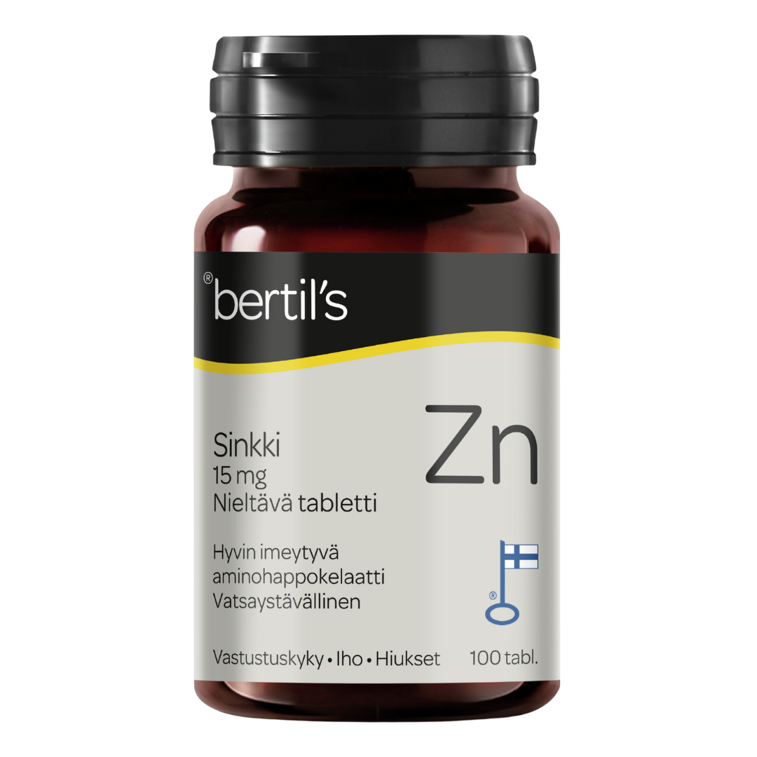 Bertil's Sinkki, 15 mg, 100 tabl., aminohappokelaatti, vastustuskyky, iho, hiukset, kynnet, sinunapteekki.fi