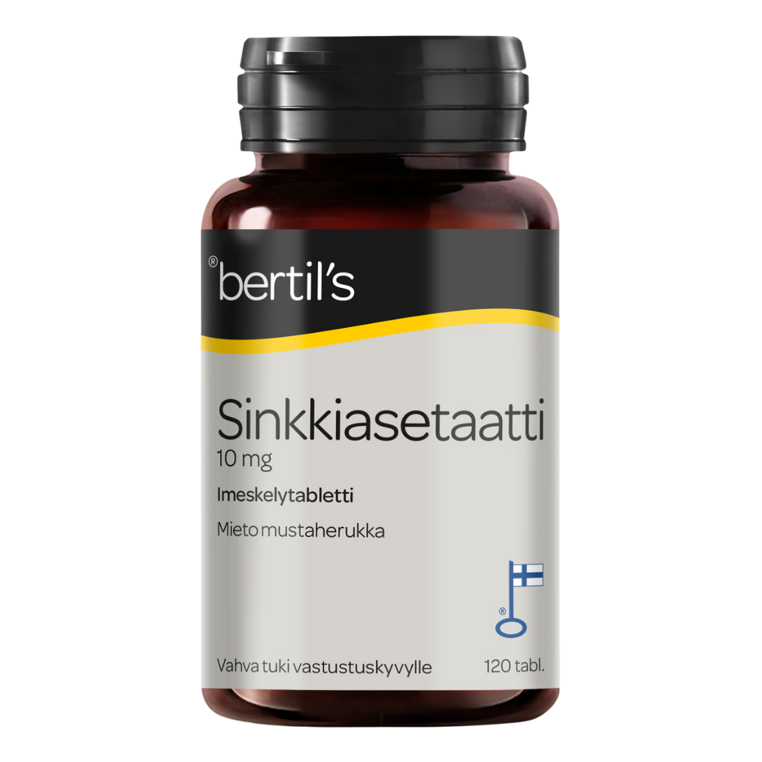 Bertil's Sinkkiasetaatti, 10 mg, 120 kaps., Imeskelytabletti, vastustuskyky, sinunapteekki.fi