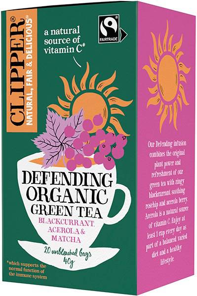 Clipper Defending Organic Green Tea - Mustaherukka, acerola ja matcha vihreä tee 20 teepussia - Päiväys 03/2024 - erä