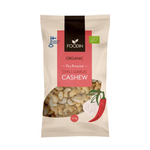Foodin Dry Roasted Chili-Garlic Cashew - Paahdettu chili-valkosipuli cashewpähkinä 120 g