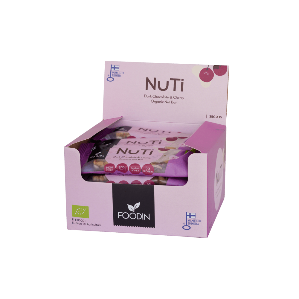 Foodin NUTI Dark Chocolate & Cherry - Raakasuklaa ja kirsikkapatukka TUKKUPAKKAUS 15x35g