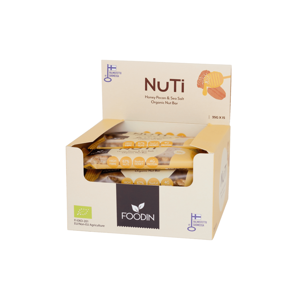 Foodin NUTI Honey Pecan & Sea Salt - Cashewpähkinä, pekaanipähkinä, hunaja ja merisuolapatukka TUKKUPAKKAUS 15x35g