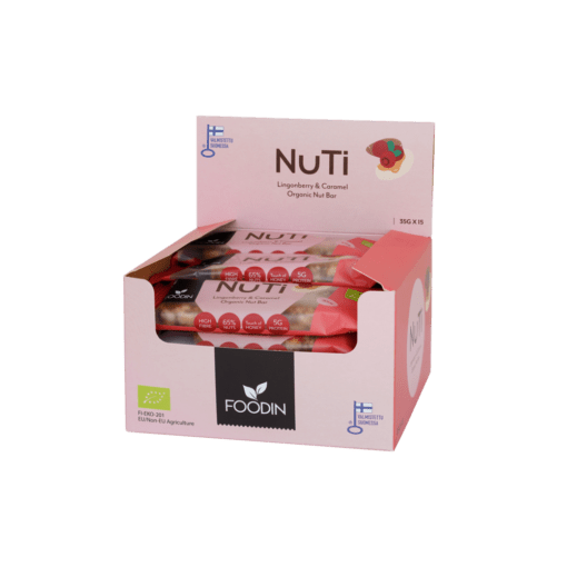 Foodin NUTI Lingonberry & Caramel - Cashewpähkinä, manteli ja puolukkapatukka TUKKUPAKKAUS 15x35g