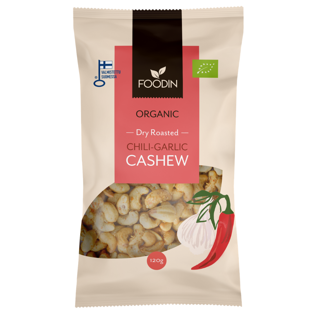 Foodin Dry Roasted Chili-Garlic Cashew - Paahdettu chili-valkosipuli cashewpähkinä 120 g - Sinunapteekki.fi
