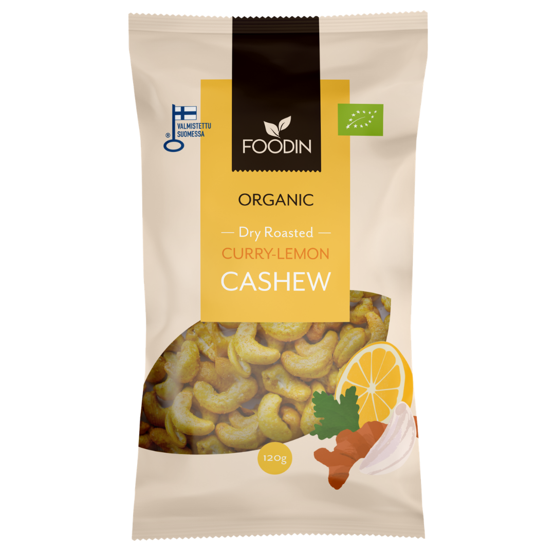 Foodin Dry Roasted Curry-Lemon Cashew - Paahdetut curry-sitruuna cashewpähkinät 120 g - Sinunapteekki.fi