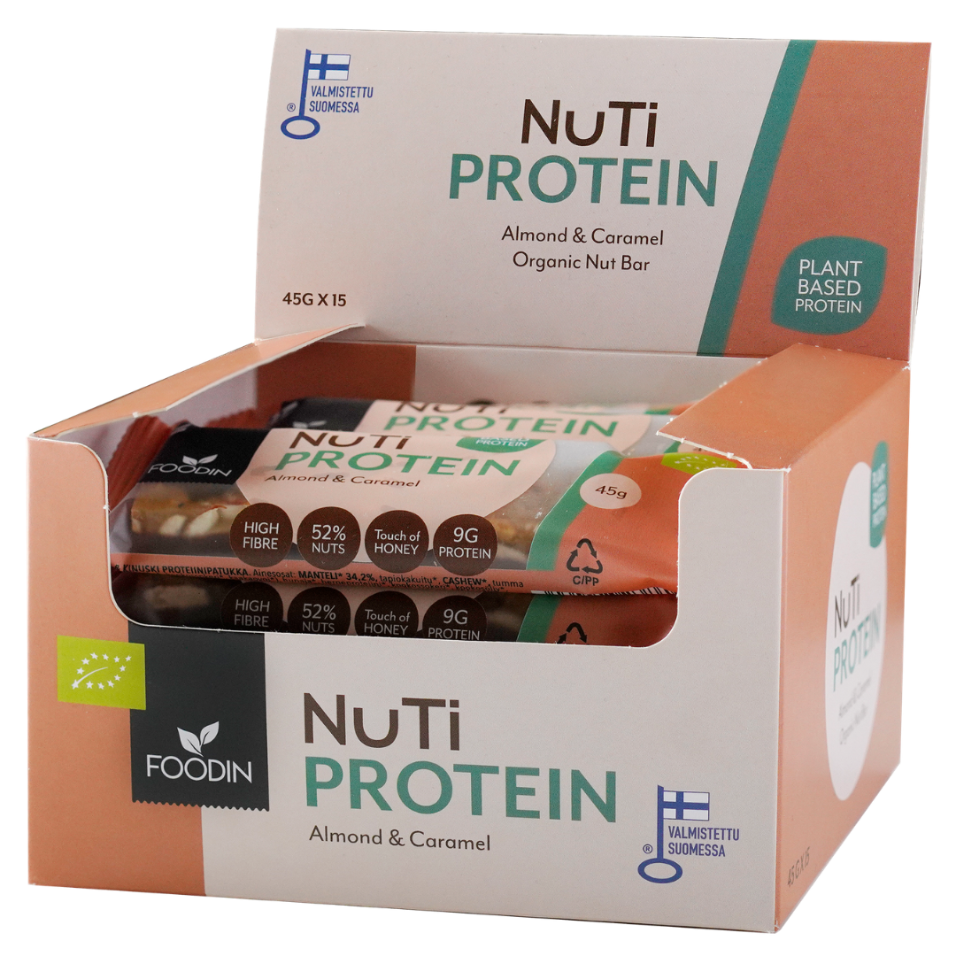Foodin NUTI Protein Almond & Caramel - Proteiinipähkinäpatukka 45 g x 15 kpl TUKKUPAKKAUS - Sinunapteekki.fi