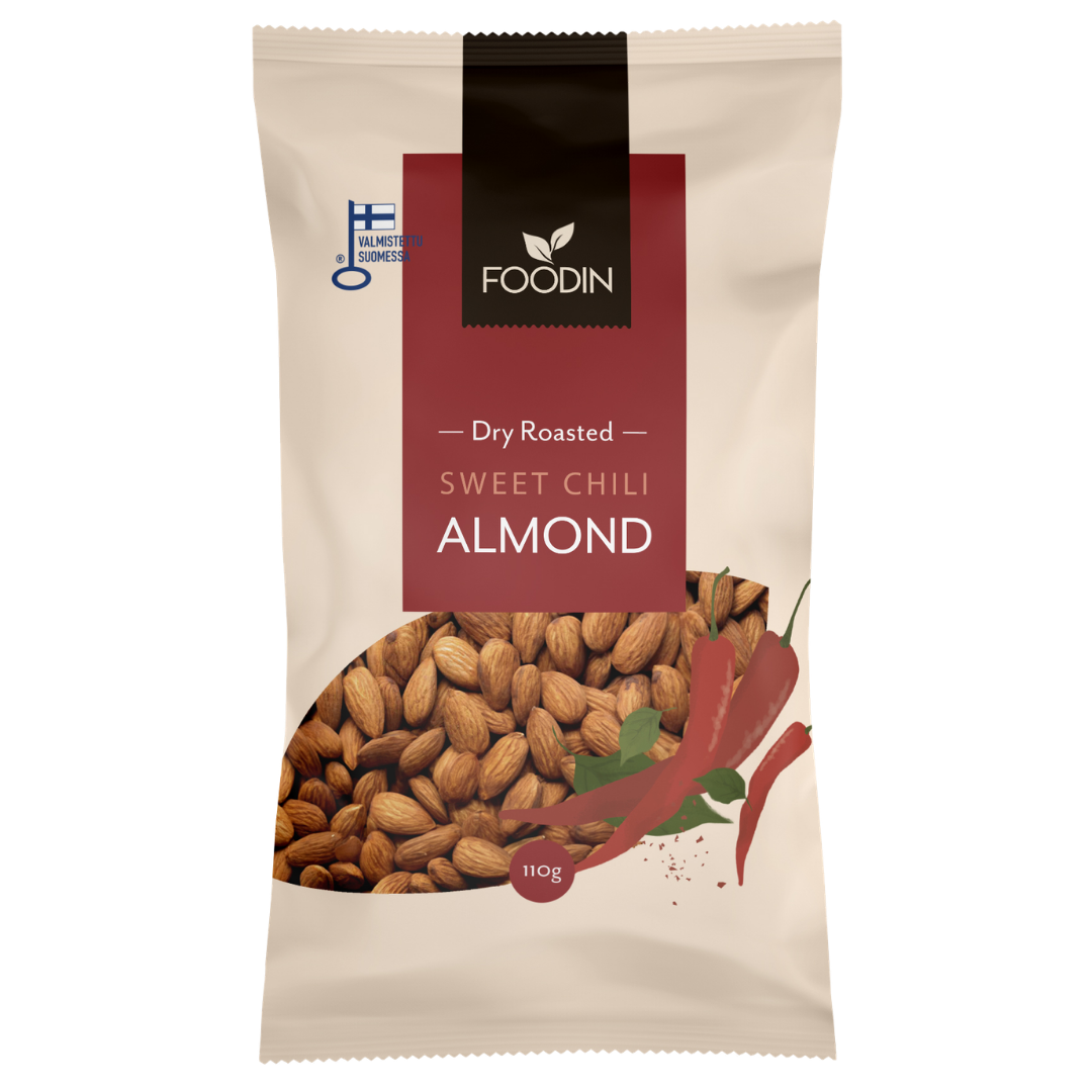 Foodin Dry Roasted Sweet Chili Almond - Paahdetut Sweet Chili Mantelit 110 g - Sinunapteekki.fi