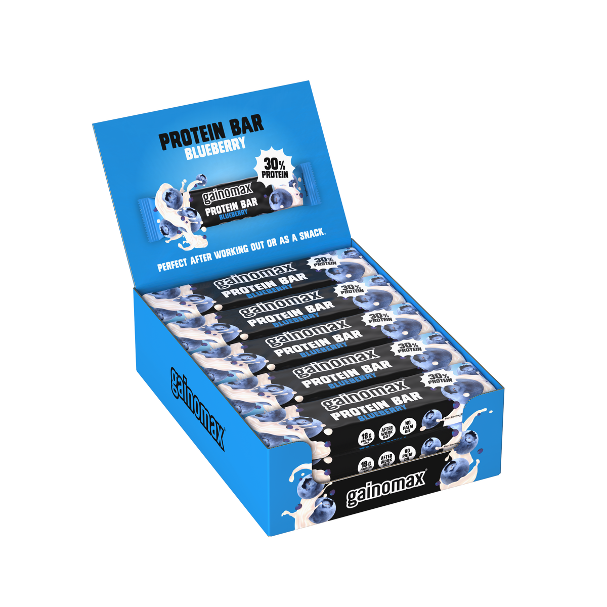 Gainomax Protein Bar Blueberry - Proteiinipatukka Mustikka 15 x 60 g TUKKUPAKKAUS - Huom! Pakkaus vaurioitunut, tuote käyttökelpoinen