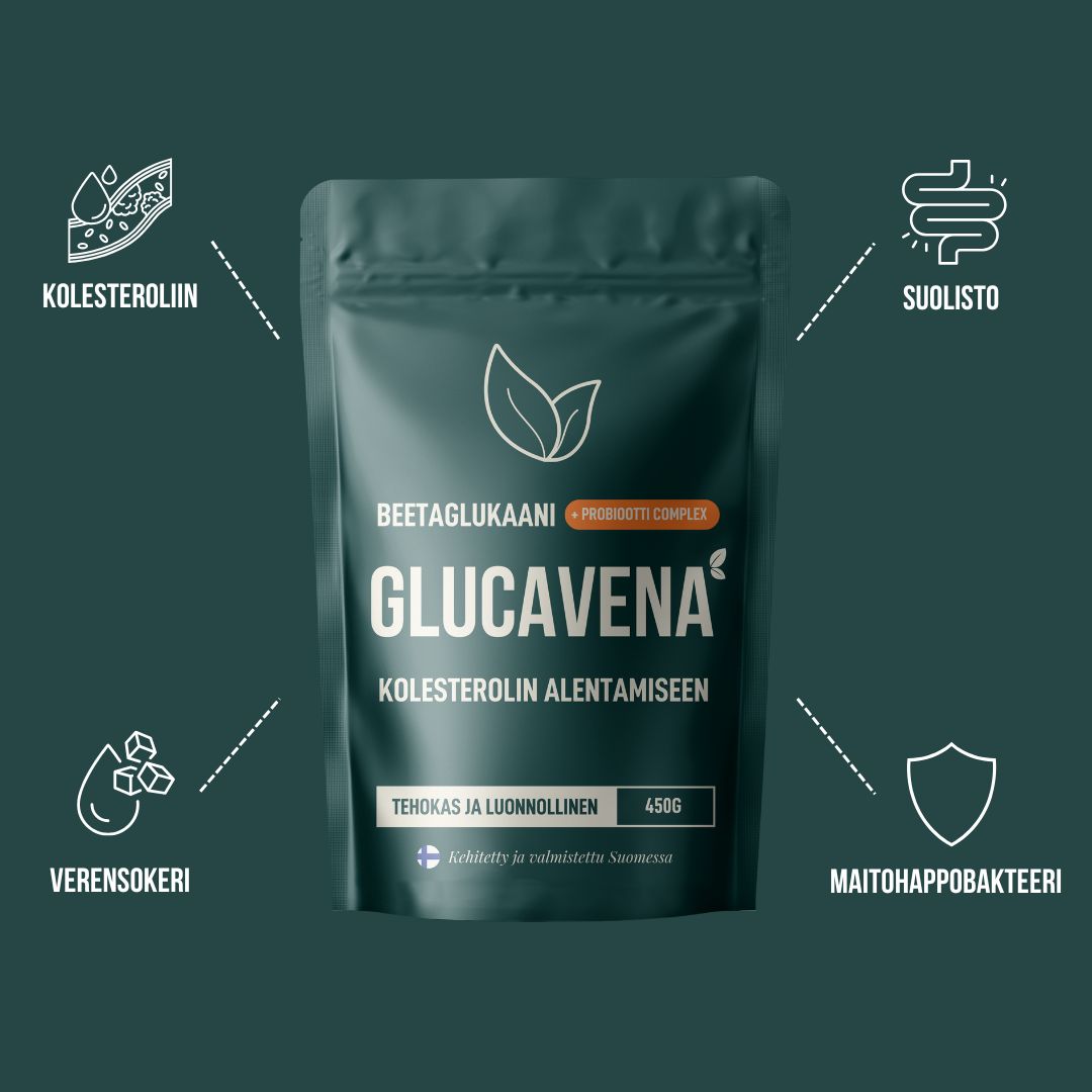Glucavena, Beetaglukaani kolesterolin alentamiseen 450 g, maitohappobakteeriseos, suolisto, verensokeri, sinunapteekki.fi