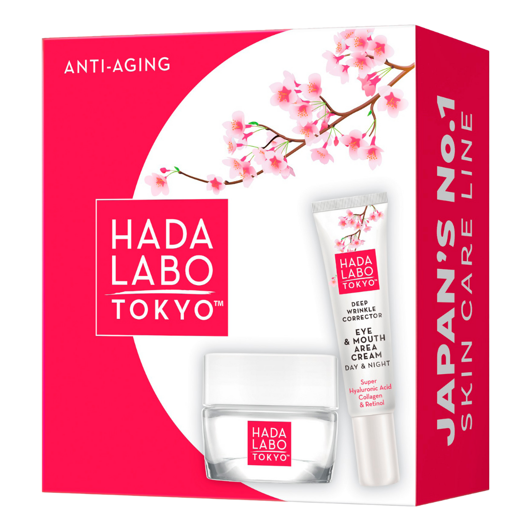 Hada Labo Tokyo Anti-Aging Gift Set, lahjapakkaus, kosteusvoide, kasvovoide, kasvorasva, silmänympärysvoide, sinunapteekki.fi
