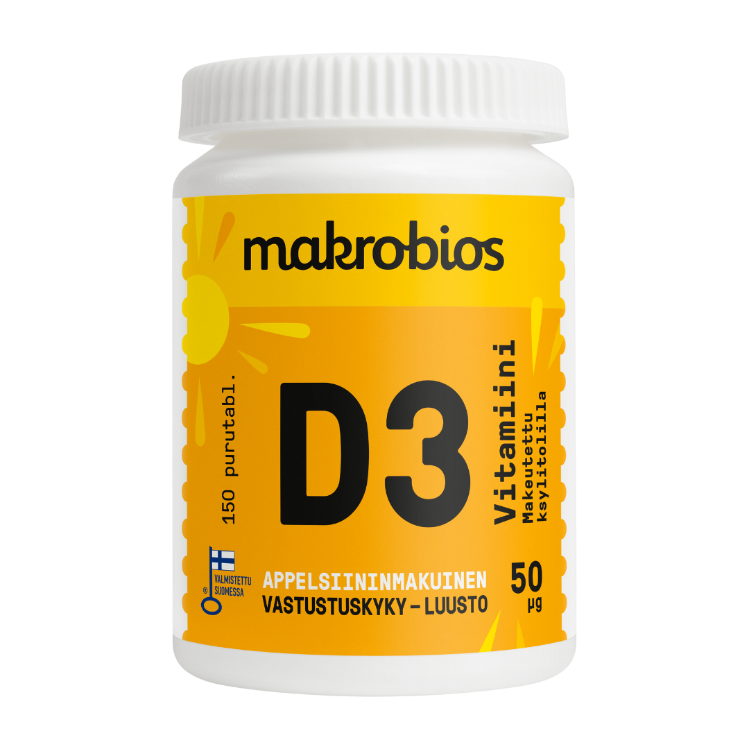 Makrobios D3-vitamiini 50 µg + ksylitolia 150 purutablettia