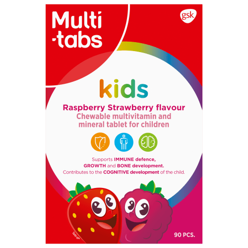 Multi-tabs Kids Vadelma-mansikka Monivitamiini 90 purutablettia - Sinunapteekki.fi