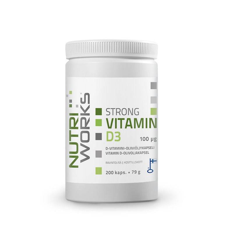 Nutri Works Strong Vitamin D3 100 µg - Vahva D3-vitamiini-oliiviöljykapseli 200 kaps. - Sinunapteekki.fi