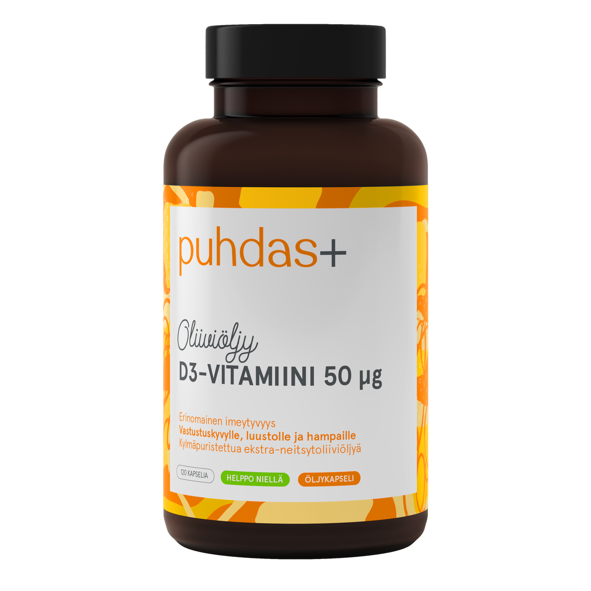 Puhdas+ D3-vitamiini Oliiviöljy 50 µg 120 kaps. - Päiväys 06/2024