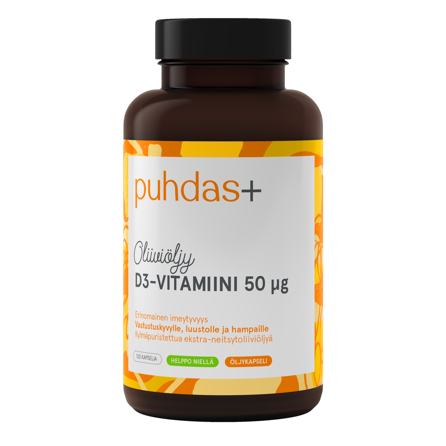 Puhdas+ D3-vitamiini Oliiviöljy 50 µg 120 kaps. - Päiväys 06/2024