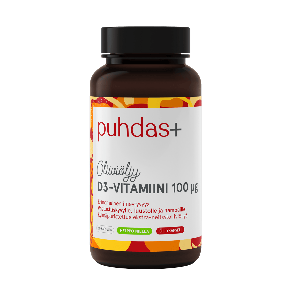 Puhdas+ Oliiviöljy D3-Vitamiini 100 µg 60 kaps. - Päiväys 04/07/2024 - erä - Sinunapteekki.fi