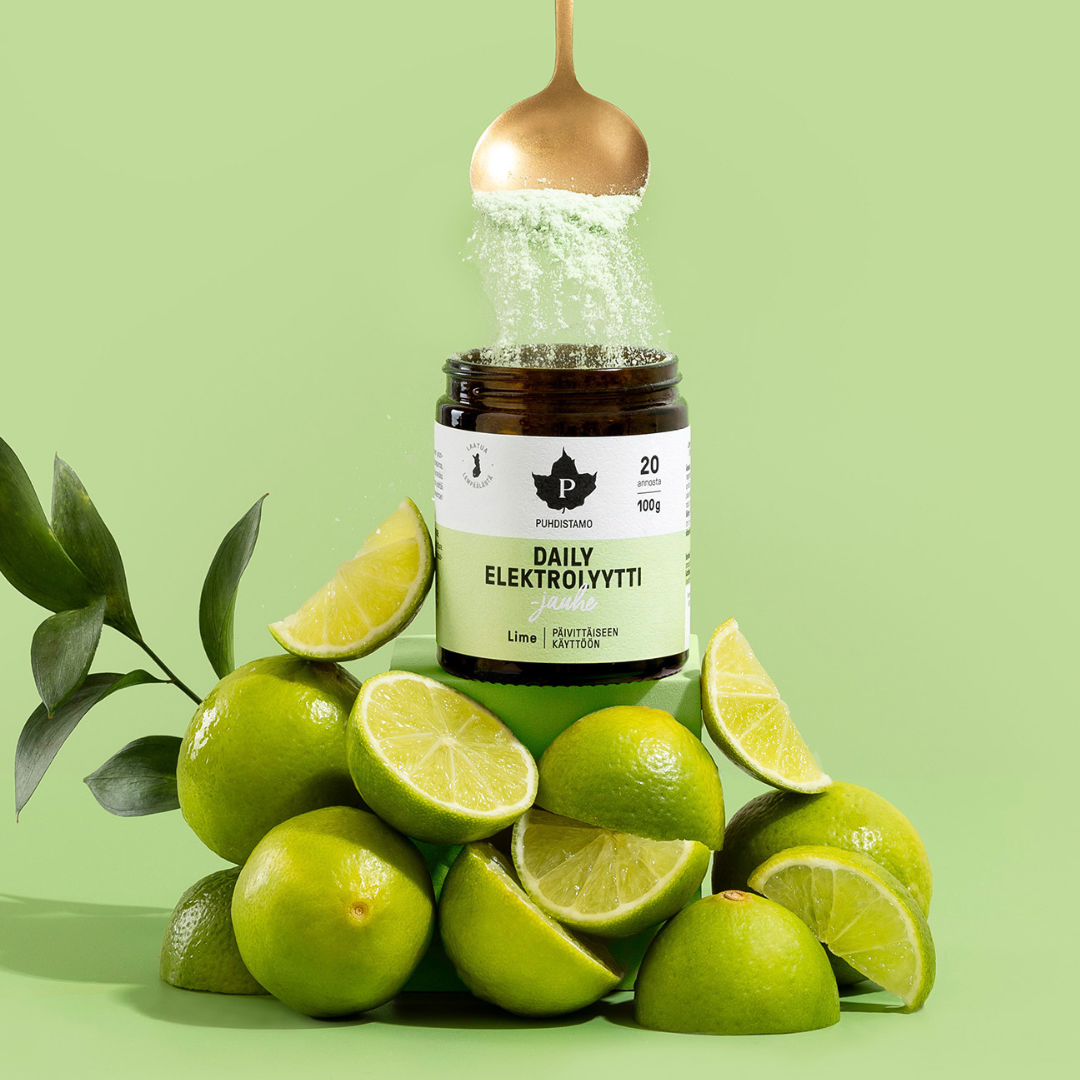 Puhdistamo Daily Elektrolyyttijauhe Lime 100 g nesteytys, liikunta, urheilu, nesteyttäjä, elektrolyytit, hikoilu, sinunapteekki.fi