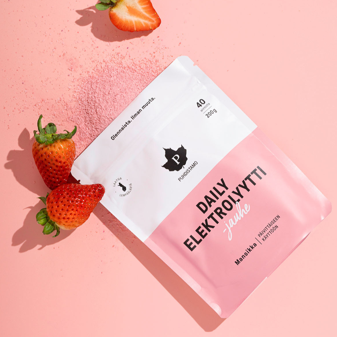 Puhdistamo Daily Elektrolyyttijauhe Mansikka 200 g nesteytys, liikunta, urheilu, nesteyttäjä, elektrolyytit, hikoilu, sinunapteekki.fi