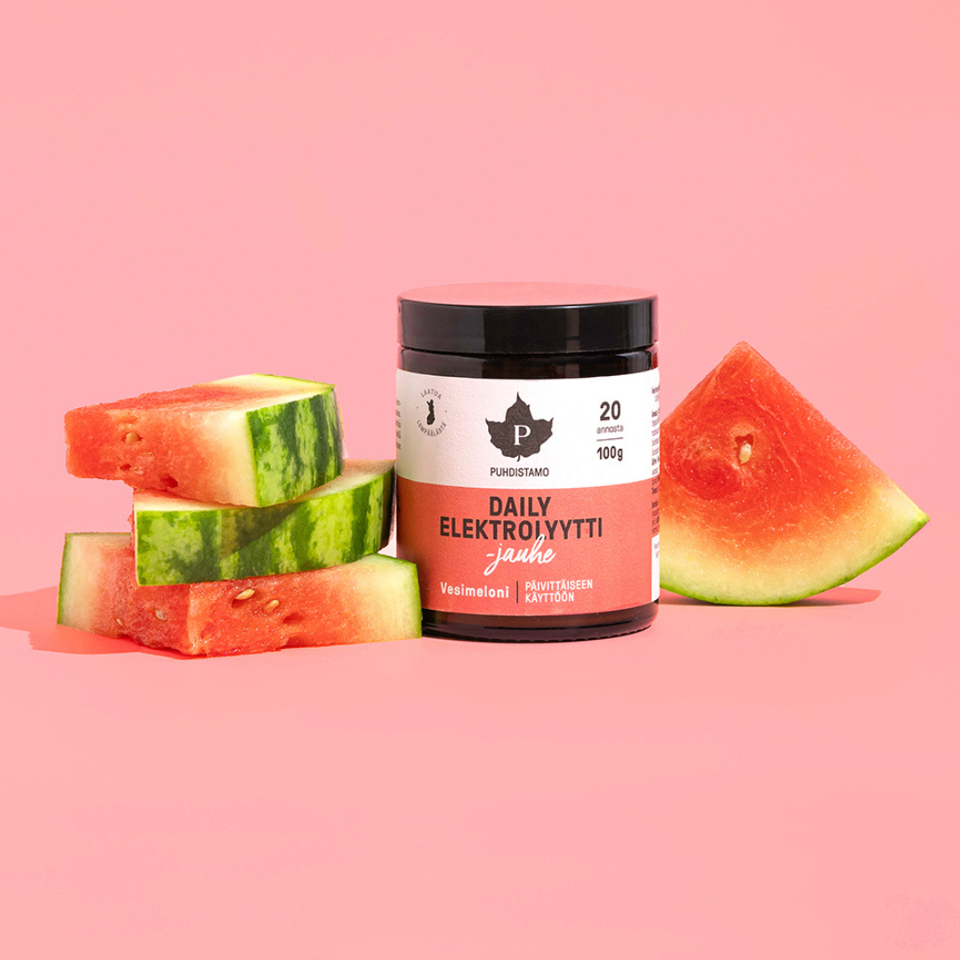 Puhdistamo Daily Elektrolyyttijauhe Vesimeloni 100 g nesteytys, liikunta, urheilu, nesteyttäjä, elektrolyytit, hikoilu, sinunapteekki.fi