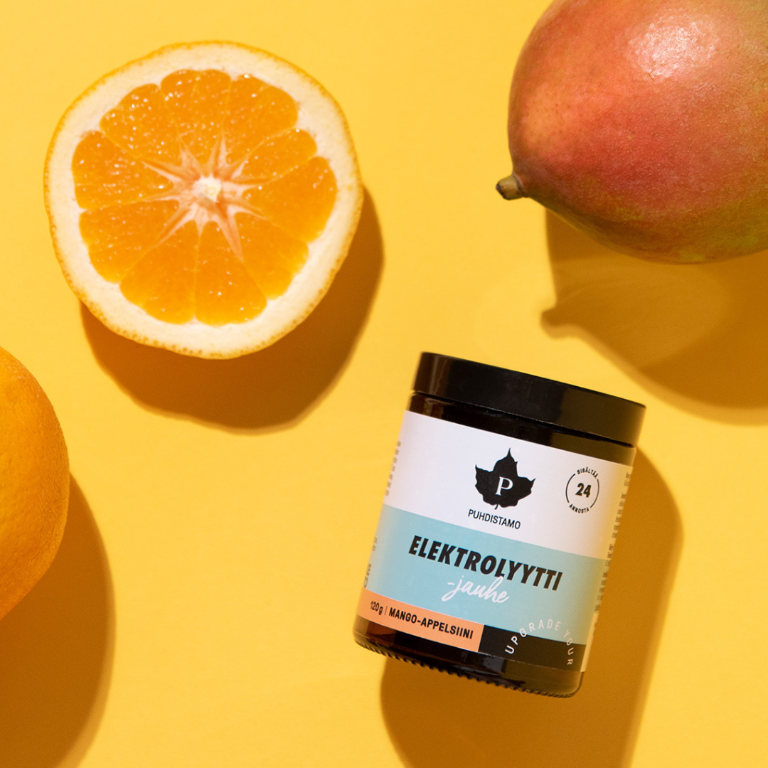 Puhdistamo Elektrolyyttijauhe Mango-Appelsiini 120 g nesteytys, liikunta, urheilu, nesteyttäjä, elektrolyytit, hikoilu, sinunapteekki.fi