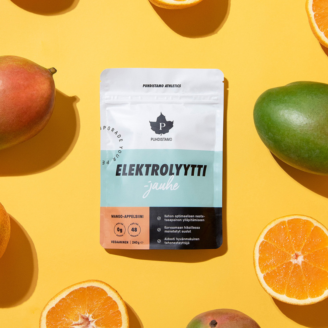Puhdistamo Elektrolyyttijauhe Mango-Appelsiini 240 g nesteytys, liikunta, urheilu, nesteyttäjä, elektrolyytit, hikoilu, sinunapteekki.fi