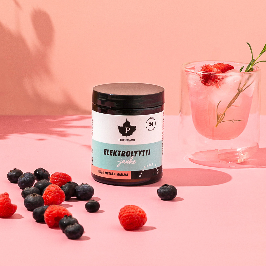 Puhdistamo Elektrolyyttijauhe Metsän Marjat 120 g nesteytys, liikunta, urheilu, nesteyttäjä, elektrolyytit, hikoilu, sinunapteekki.fi