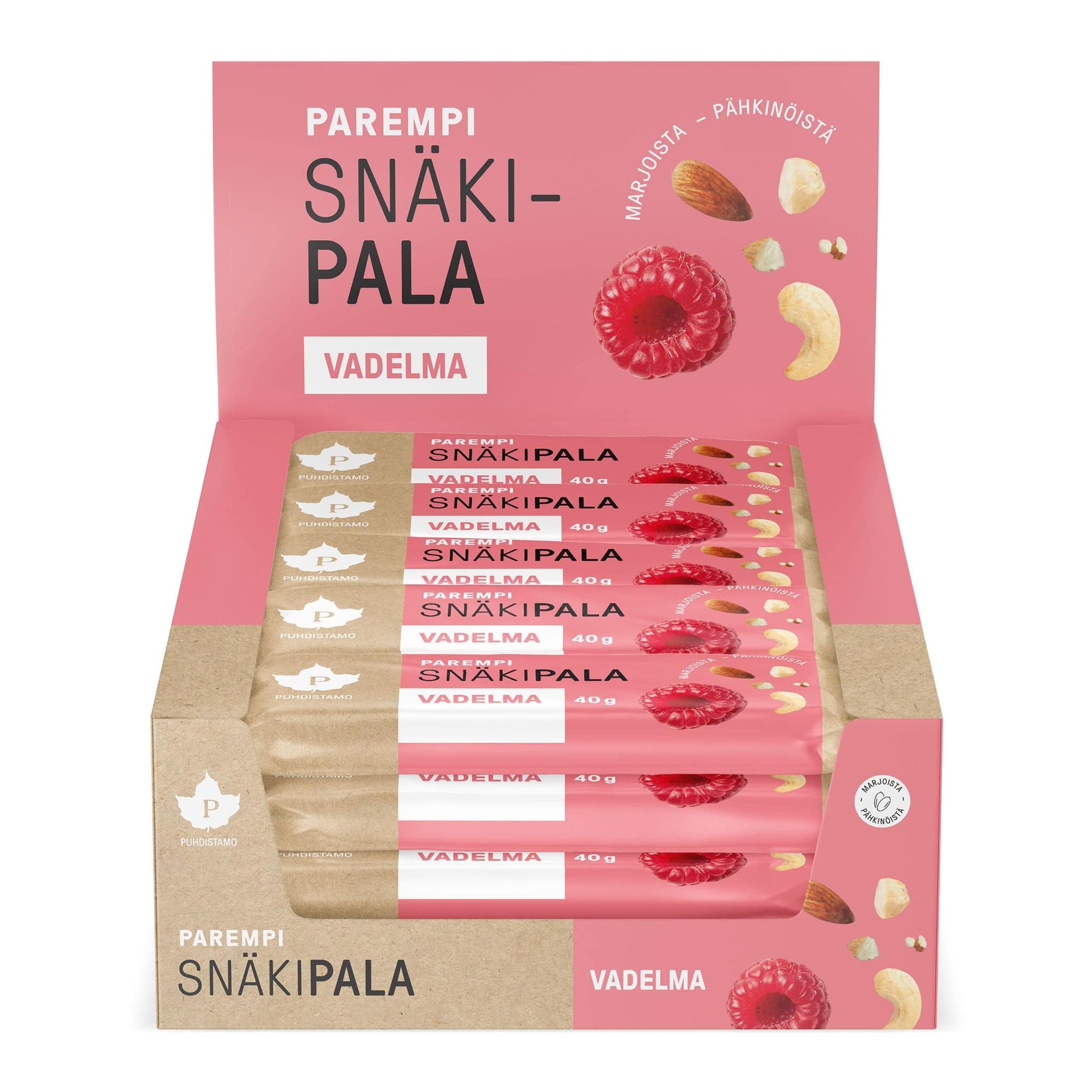 Puhdistamo Snäkipala Vadelma - Tukkupakkaus Vadelmataatelipatukka 20x40 g - Päiväys 02/2024