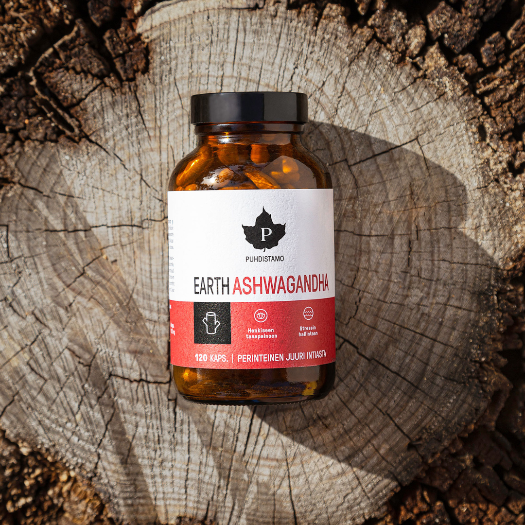 Puhdistamo Earth Ashwagandha 120 kaps. rauhoittuminen, stressinhallinta, henkinen tasapaino, sinunapteekki.fi