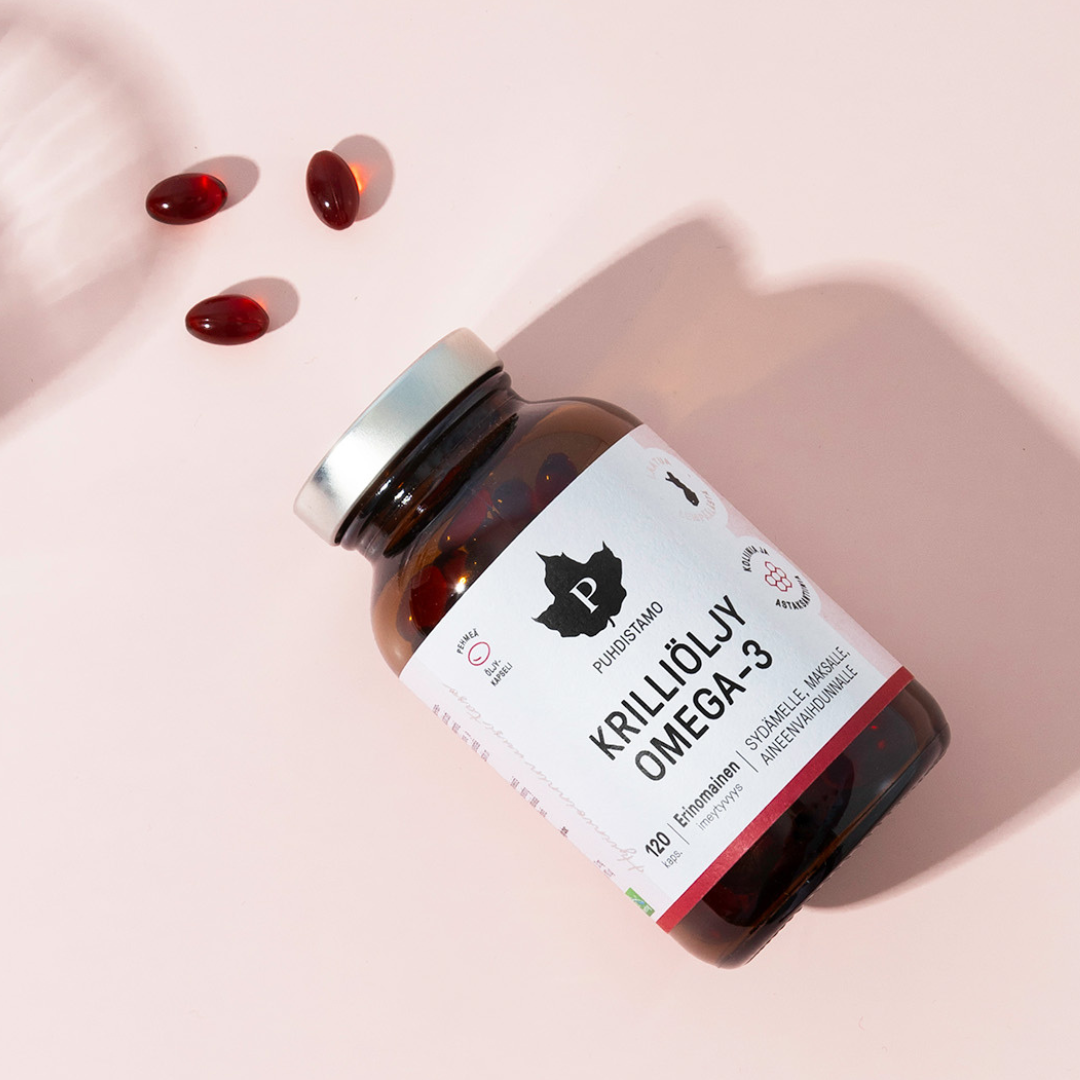 Puhdistamo Krilliöljy Omega-3 120 kaps. sydän, aivot, näkö, aivojen hyvinvointi, sydämen hyvinvointi, sinunapteekki.fi