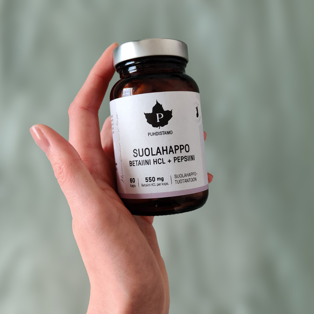 Puhdistamo Suolahappo Betaiini HCL+pepsiini 60 kaps. suolahappotuotantoon, sinunapteekki.fi