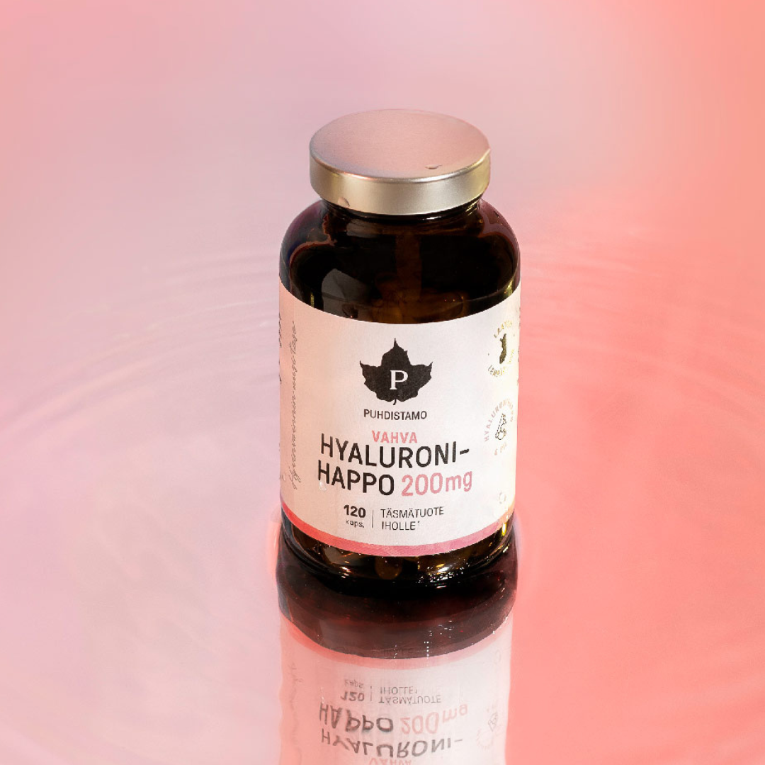 Puhdistamo, vahva hyaluronihappo 200 mg, 120 kaps., iholle, peltokorteuute, c-vitamiini, sinunapteekki.fi