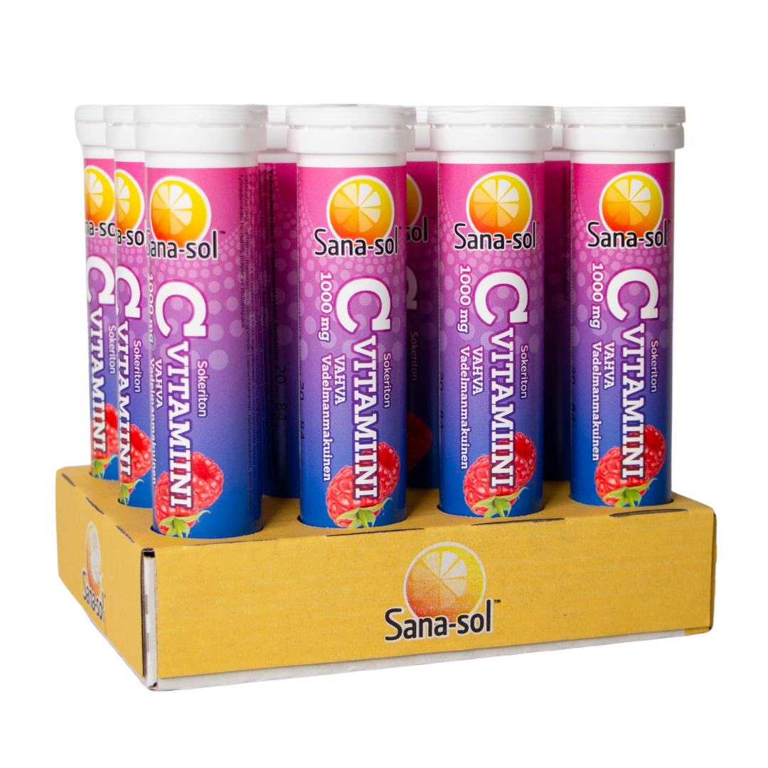 Sana-Sol C-Vitamiini Poretabletti Vadelma 12 x 20 poretabl. TUKKUPAKKAUS