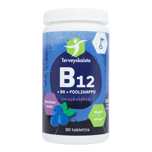 Terveyskaista B12 + B6 + Foolihappo Mustikanmakuinen 90 tabl. - Imeskeltävä