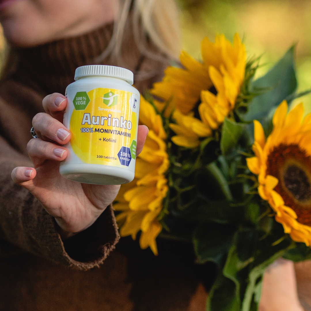 Terveyskaista monivitamiini + koliini, vitamiinit, hivenaineet, kivennäisaineet, vastustuskyky, kotimainen, vegaaninen