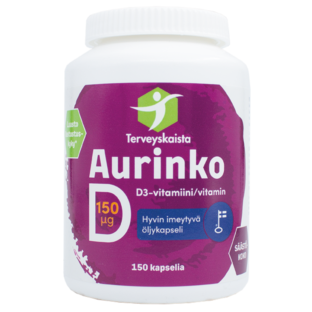 Terveyskaista Aurinko D3-vitamiini vahva 150 µg 150 kaps.