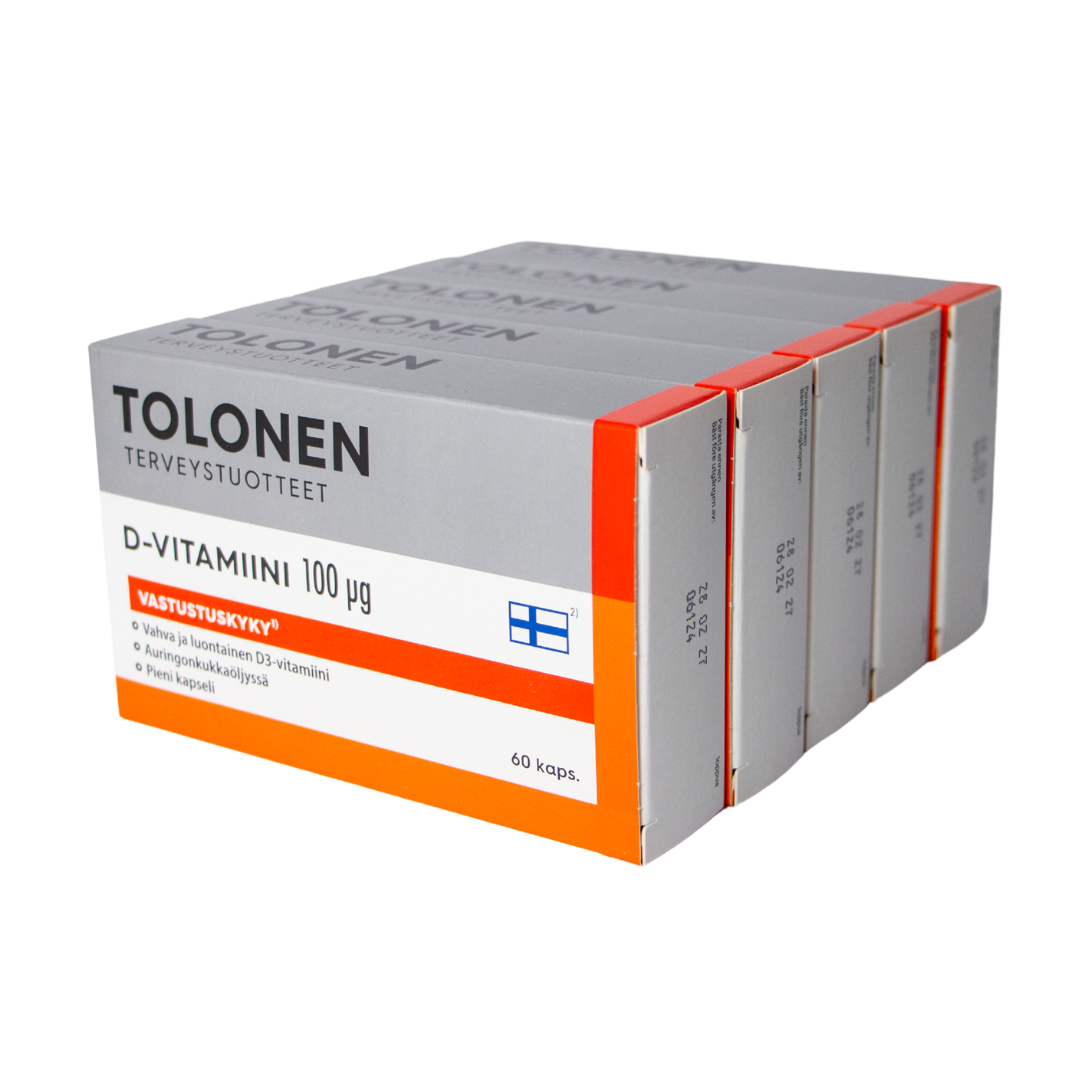 Tolonen D-Vitamiini 100 µg TUKKUPAKKAUS 5 x 60 kaps. - Sinunapteekki.fi