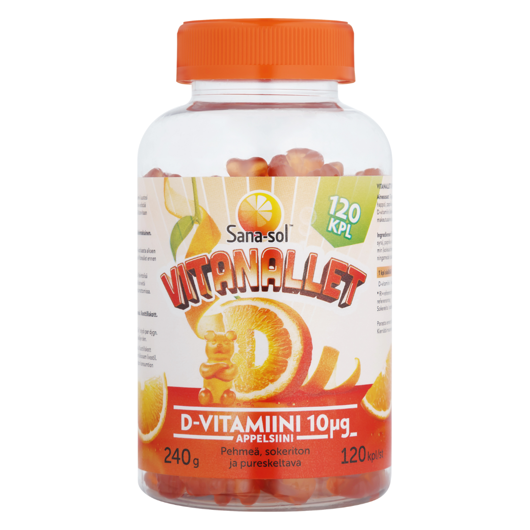 Sana-sol Vitanallet D-Vitamiini Appelsiini 10 µg 120 kpl