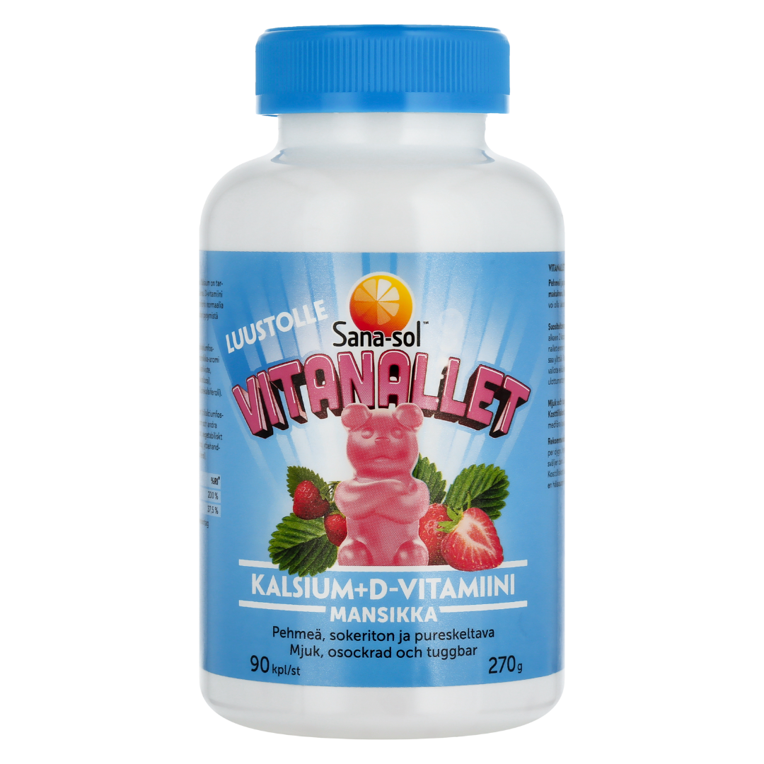 Sana-sol Vitanallet Kalsium + D-vitamiini Mansikan makuinen pureskeltava 90 kpl