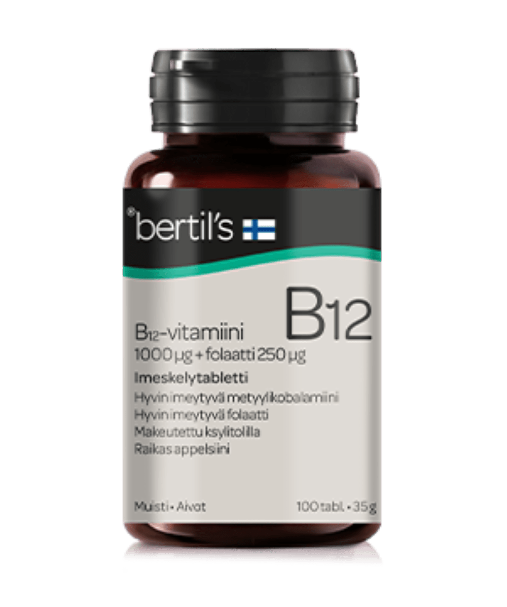 Bertil's Vitamin B12-vitamiini 1000 µg + folaatti 250 µg - maku: raikas appelsiini 100 tabl.