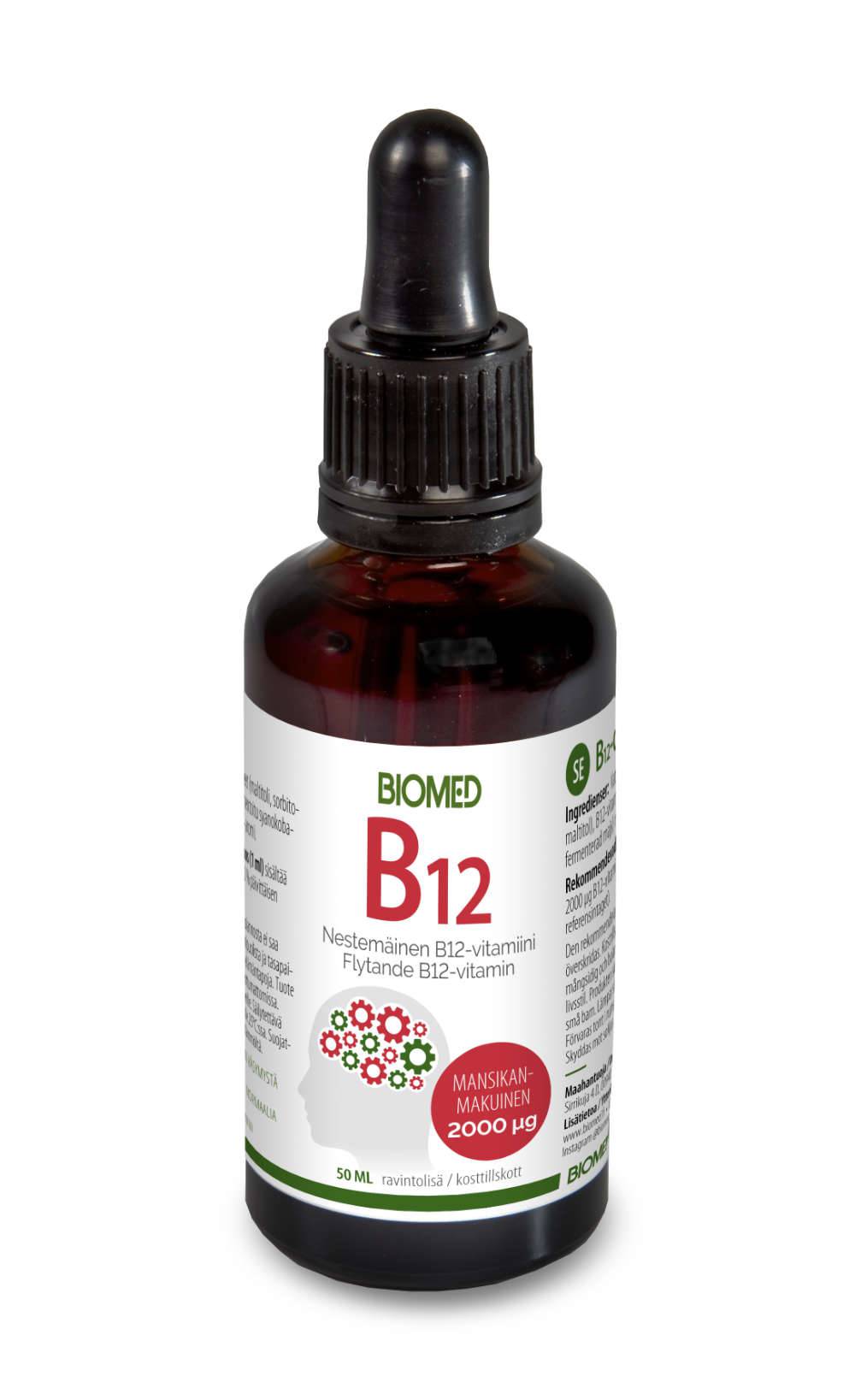 Biomed B12-tipat 2000 µg - Mansikanmakuinen B12-vitamiini 50 ml - Sinunapteekki.fi